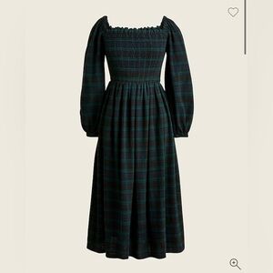 J. Crew Smocked puff-sleeve dress in Black Watch tartan flannel Plaid Small